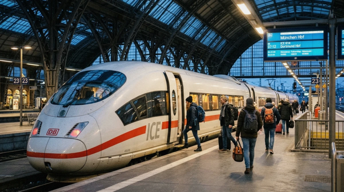 Travelers boarding an ICE train at a platform in Munich main station on a winter morning