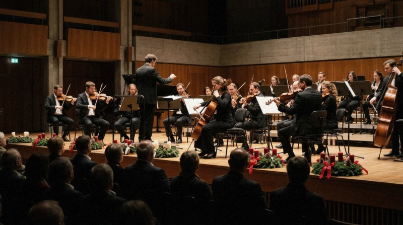 A chamber orchestra playing on a stage edged with fir wreaths and red ribbons