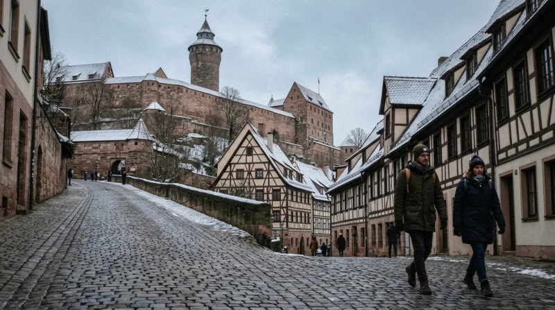 Two travelers walking up the snowy cobbled Burgstrasse toward the Imperial Castle and its round tower
