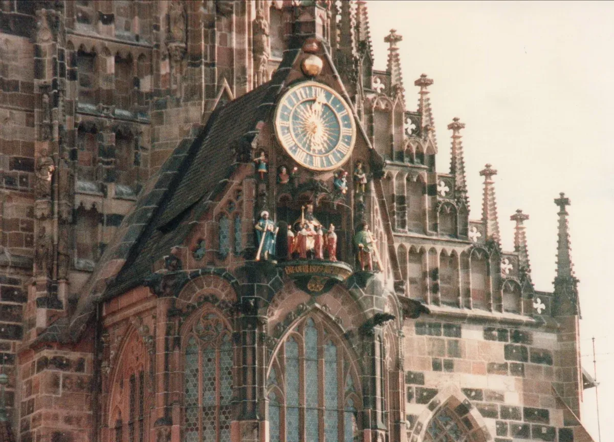 The gothic gable of the Frauenkirche in Nuremberg with its clock and the figures of the seven electors