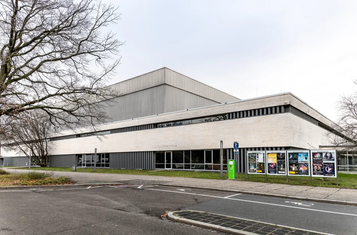 The low modernist front of the Meistersingerhalle concert hall in Nuremberg